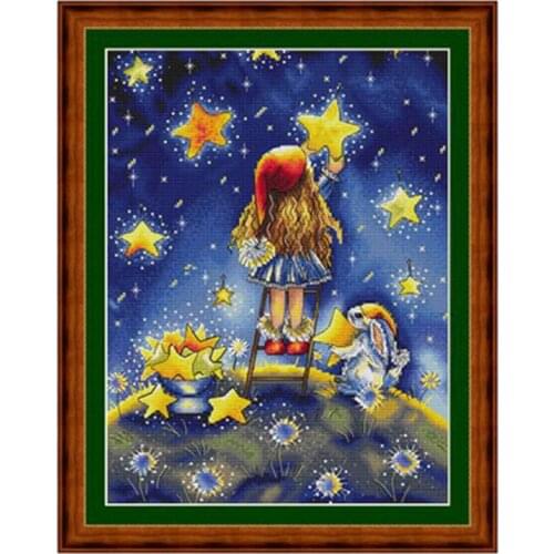 Girl picking stars patterns Counted Cross Stitch 11CT 14CT 18CT DIY Chinese Cross Stitch Kits Embroidery Needlework Sets