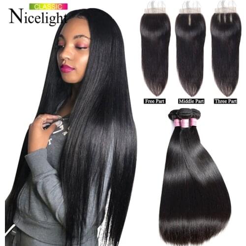 Nicelight Brazilian Human Hair Straight Bundles With Closure 4 Pcs/Lot Non-Remy Hair Extensio 4x4 Lace Closure With Bundles