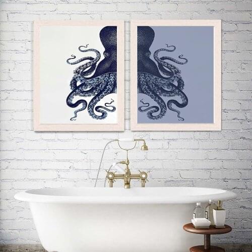Octopus art Nautical Print Beach Decor Vintage Poster Prints INDIGO Blue And Cream Wall Picture Bathroom Canvas Painting Home