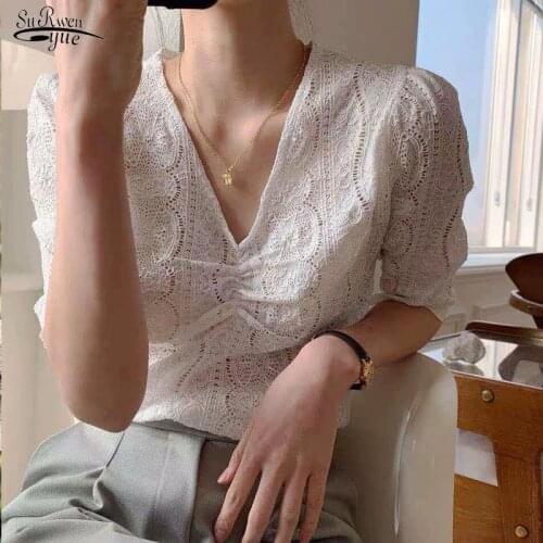 2021 Summer New Women White Lace Blouses Fashion Lace Hollow Out Short Sleeve Shirts V-neck Slim-Fit Sexy Tops Clothes 9655