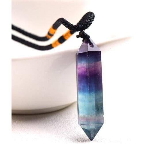 1PC Natural Rainbow Fluorite Necklace Single Point Hexagonal Prism Pendant Striped Crystal Fluorite Necklace Health Energy Stone