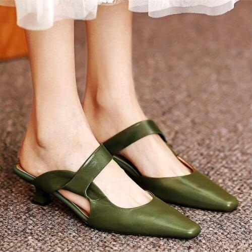 Sandals Womens Cow Leather Kitten Heel Pumps Pointed Toe Slip On Party Shoes Sexy Elegant Mid Heel Oxfords