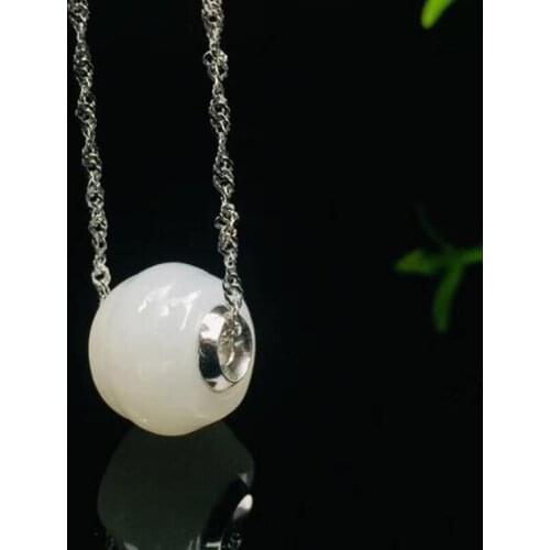 Silver 925 Jewelry Natural White Jade Pendant Trendy Charm Women Gift Round Necklace