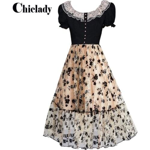 CHICLADY VINTAGE black knitting patchwork mesh butterfly appliques designer square collar office lady midi high waist dress robe