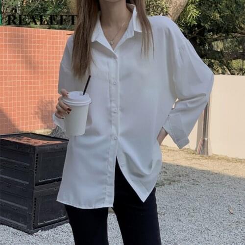 REALEFT 2021 New Office White Womens Blouse Single Breasted Turn-down Collar Female Casual Loose Shirts Tops Lady Spring Autumn