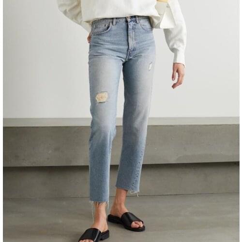 Women Jeans Pants 2021 Autumn and Winter Washed Light-colored Retro Ripped Twisted Straight-leg Jeans 100% Cotton