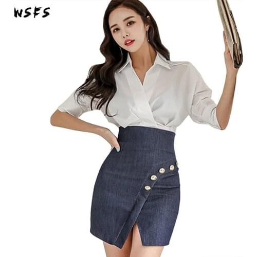 2 Piece Set Summer Dresses White Half Sleeve Shirt Top Bandage Bodycon Women Dress Mini Denim Skirt Elegant Sexy Party Clothes
