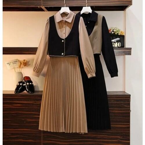 Dress suit spring and autumn women 2021 new fashion casual vest vest mid-length high waist shirt pleated dress two-piece suit