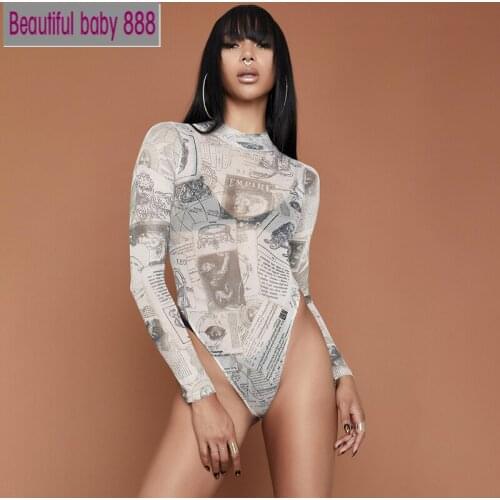Meqeiss Long Sleeve O-neck Vintage Print Sexy Bodysuit 2021 Spring Womens Streetwear Outfits Gothic Punk Romper Club Bodysuit