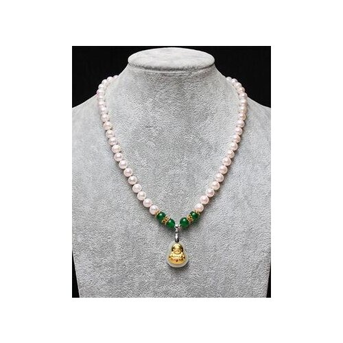 8-9mm natural white Freshwater pearl jade gold buddha pendant necklace