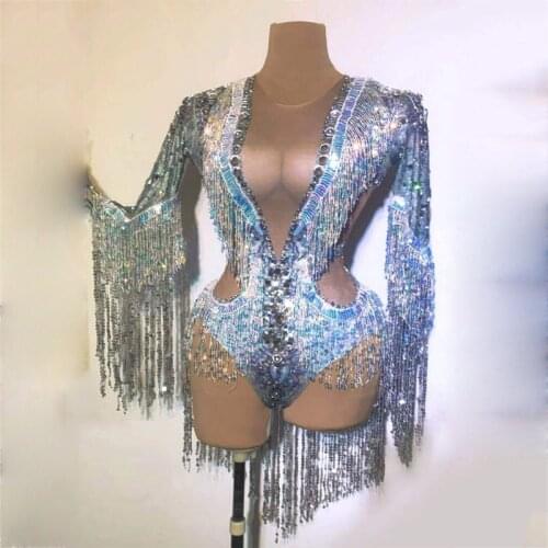 Sparkling Silver Rhinestone Sequin Tassel Party Bodysuit Women Stretch Dance Fringes Jumpsuit Singer Leotard Stage Wear XS1277