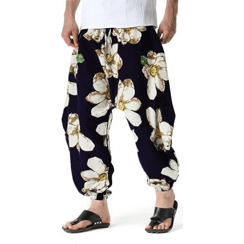 Flowers Print Crotch Harem Pants Men 2021 Brand Mens Harajuku Baggy Cotton Linen Trousers Male Vintage Traditional Sweatpants