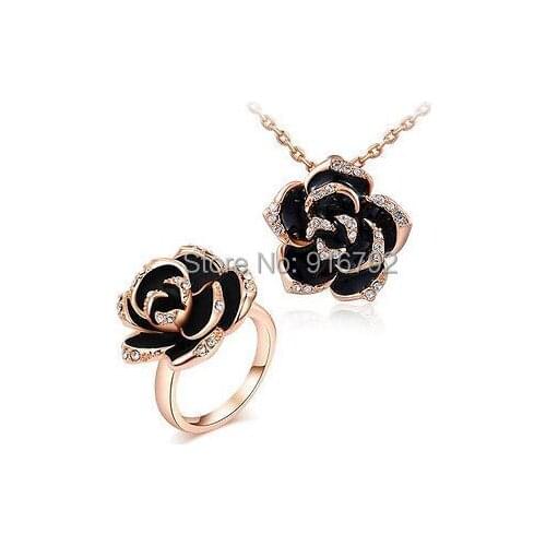 Free P&P **ROXI 2-piece Jewelry Set Black Rose Shape Inlay Fine Genuine Crystals Necklace