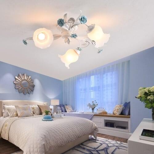 Korean Rural Ceiling Light Iron Flower And Grass Bedroom Lamp Warm Pink blue Girl Room Lighting Dining Room Study Lamp