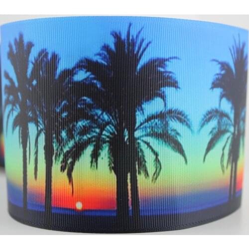 Blue palm tree printed grosgrain ribbon 9-75mm DIY handmade materials christmas wedding gift wrap tape ribbons