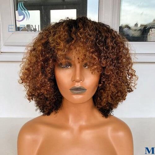 Ombre Brown Jerry Curly Full Machine Made Wig With Bangs Remy Brazilian Hight Blonde Human Hair Wigs For Black Women No Lace Wig