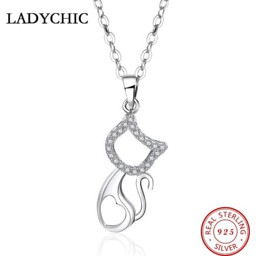 LADYCHIC New Style Genuine 925 Sterling Silver Cute Pet Cat Pendant Rose Gold Color Animal Necklaces Women Jewelry Gift LNS1020