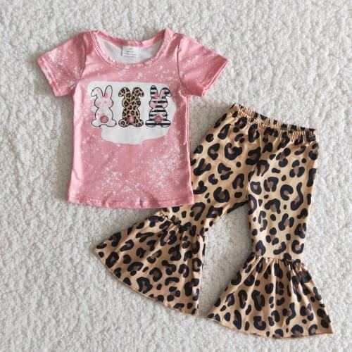 Hot sale lovely RTS wholesale childrens boutique toddler girl pink bunnies Leopard printed short sleeve bell bottoms set