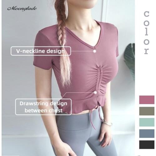Moonglade Tight Yoga Shirts Women Short Sleeve Cropped Gym Tops Fitness Running Workout Sport T-Shirts Sports Wear Slim Thin