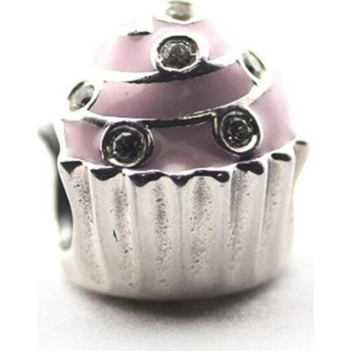 Fashion Silver 925 Jewelry Pink Enamel Sweet Cupcake Charm Beads for Jewelry Making Clear CZ Crystal Beads for Charms Bracelets