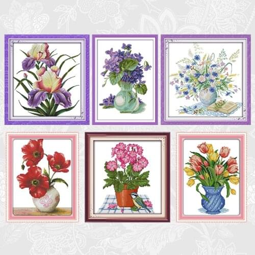 Beautiful Flowers in Vase Series Cross-stitch Embroidery Sets Printed Fabric 14CT 11CT Cross Stitch Kits DIY Handwork Needlework