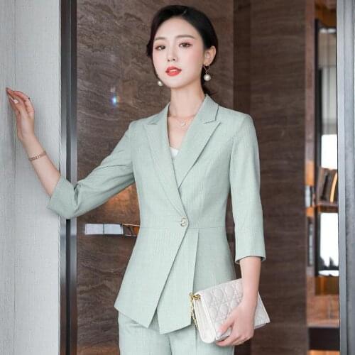 Novelty Striped Half Sleeve Formal Uniform Styles OL Business Work Wear Suits Career Interview Job Blazers Set Pantsuits