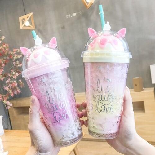 Korean Style Cute cats paw Plastic Straw Water Bottle Large Capacity English gradual Summer Ice cup Cool Broken