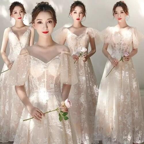 Bridesmaids Dresses Illusion V-Neck Embroidery Lace Tulle Spaghetti Straps A-Line Luxury Champagne Women Wedding Party Gown E500