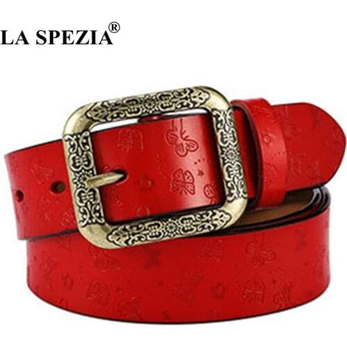 LA SPEZIA Genuine Leather Women Belt Red Square Pin Buckle Trousers Waist Belt Female Vintage Brand Cowskin Embossed Belt