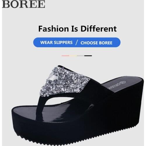 Summer Women Wedge Slippers Daily Clip Toe Platform Slippers Heel Shoes For Woman Fashion Rhinestone Outdoor Beach Flip Flops
