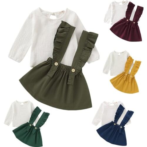 6 Colors Baby Girl Long Sleeve Cotton&Linen Tops+ Strap Skirt Solid Color Adjustable Lotus Leaf Decoration Spring Clothing 1-6Y