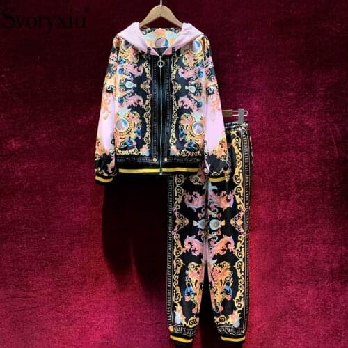 Svoryxiu Designer Autumn Winter Pants Casual Suits Womens Fashion Long Sleeve Flower Letter Print Hoodie + Pants Two Piece Set