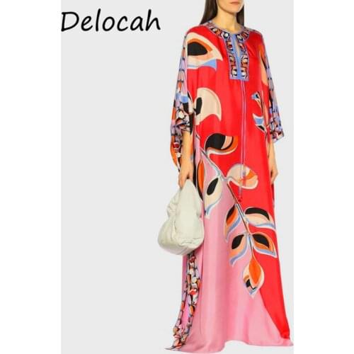 Delocah Women Summer Fashion Runway Real Silk Long Dress Batwing Sleeve Floral Loose Robe Ladies Holiday Maxi Dresses robe