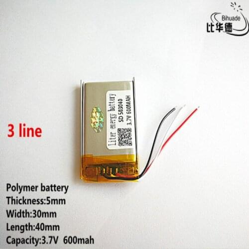 10pcs/lot 3 line Good Qulity 3.7V,600mAH,503040 Polymer lithium ion / Li-ion battery for TOY,POWER BANK,GPS,mp3,mp4