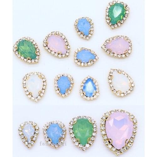 12p 13x18mm teardrop opal color glitter glass stone sew on crystal rhinestones with lace Metal claw jewelry making wedding Decor