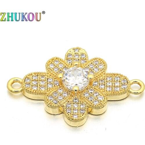 17*25mm Brass Cubic Zirconia Flower Charms Connectors for Diy Jewelry Findings, Hole: 1.5mm, Model: VS44