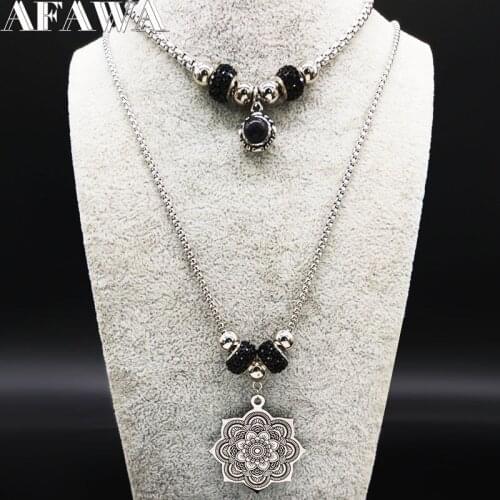 2021 Flower of Life Crystal Stainless Steel Necklace Women Double Layer Silver Color Boho Necklace Jewerly cadenas mujer N560S01