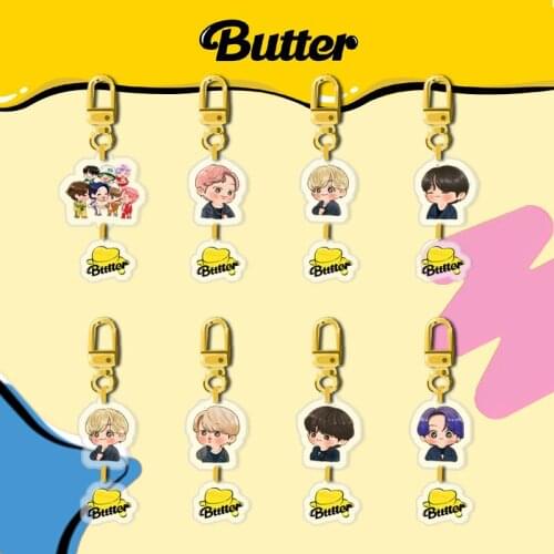 8 Pcs/lot Kpop Acrylic Keychain Jungkook V Rm Suga Jin Jhope Jimin Butter Cartoon Figure Pendant Key Ring Toy Gift