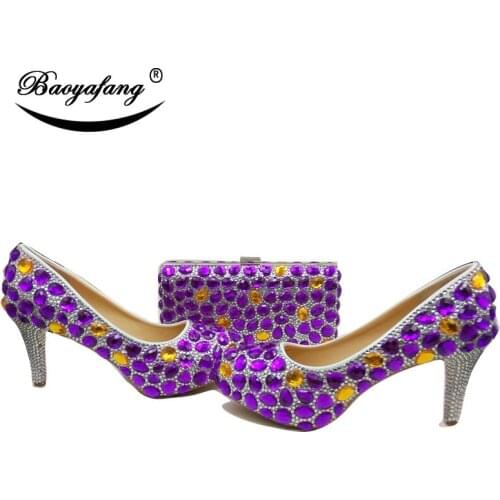 BaoYaFang Purple rhinestone Women wedding shoes with matching bags Bride female shoes and purse Platform shoes platform shoe