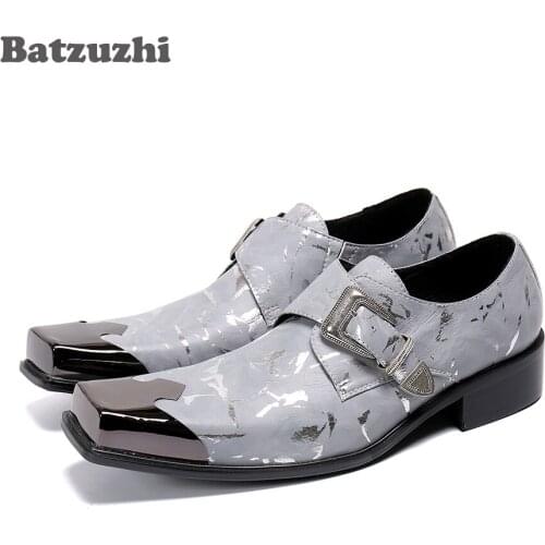 Batzuzhi Personality Mens Leather Dress Shoes Square Toe Metal Cap Genuine Leather Shoes Men Chaussures Hommes, Sizes EU38-46