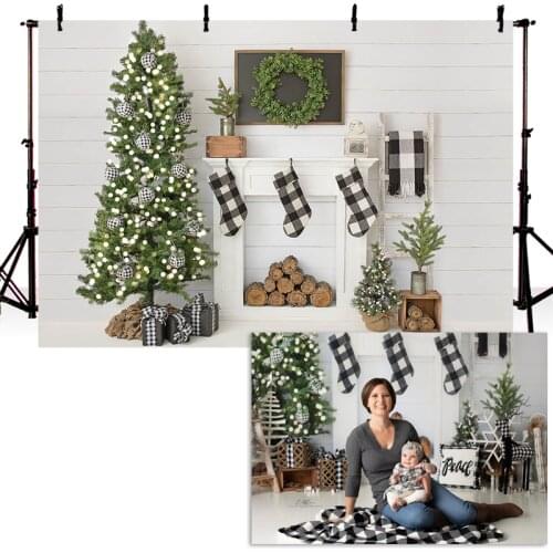 Christmas Photography Background X-mas Tree Fireplace Black And White Socks Wooden Backdrop Decoration Portrait Photo For Studio