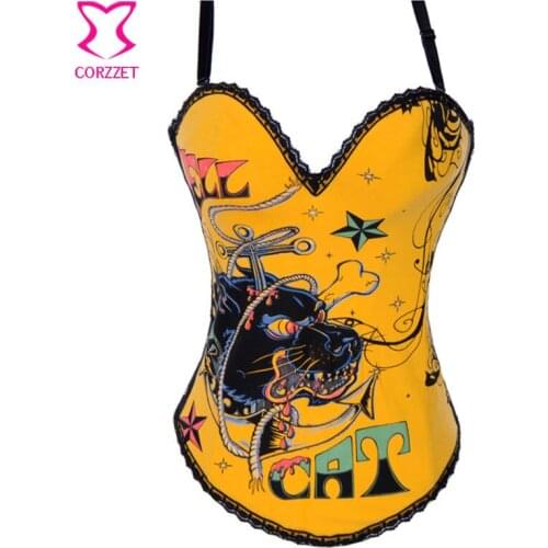 Hell Cat Printed Steampunk Corset For Slimming Waist slimming Burlesque Bustier Top Cotton Korsett for Women Gotico Corsets
