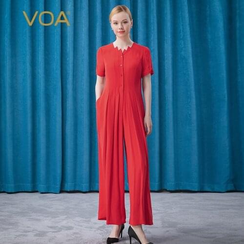 VOA 30M/m Heavy Silk Dream Red Irregular Collar Single Row Four Button Short Sleeve High Waist Loose Jumpsuit KE288