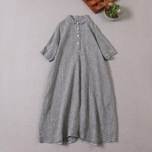 Japan Style Mori Girl Linen Plaid Dress Peter Pan Collar Short Sleeve Women Loose Midi Dresses