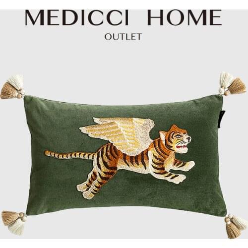 Medicci Home Outlet Lumbar Pillow Cover High Quality Tiger With Wings Embroidered Sofa Cushion Case Coussins Dark Green 30x50cm