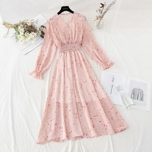 Sweet V-Neck Floral Print Chiffon Dress For Women 2021 Spring New Puff Sleeve Long Sleeve Ruffle Midi Pullover Female Clothing