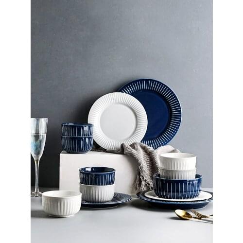 7-Pcs Nordic style bowls and plates 2-person set household bowls and dishes combination modern blue vertical pattern tableware