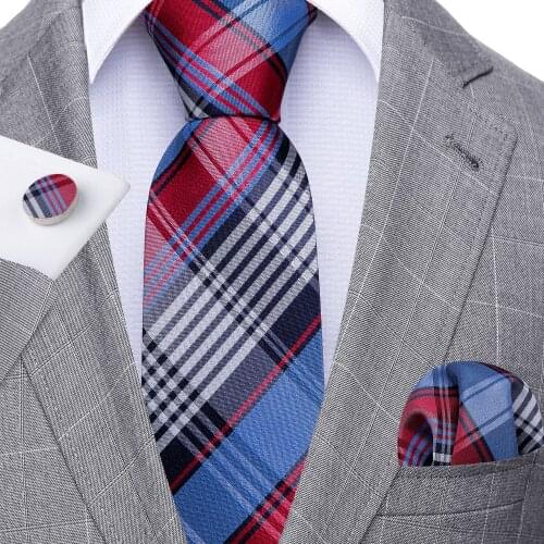 New Red Plaid Men Tie Set Silk Jacquard Necktie Wedding Business Handkerchief Cufflinks Red Tie Barry.Wang Designer FA-5341