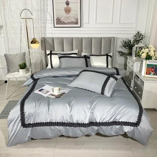2020 New Glossy Satin Folded Lace Bedding Set Smooth Lustrous Duvet Cover Set Bed Sheet Pillowcases Queen King Size 4pcs