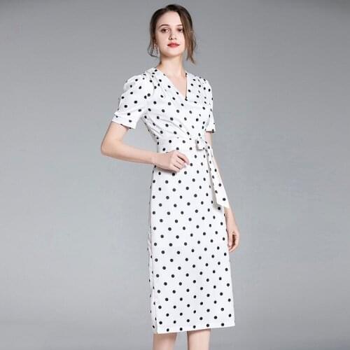 New Slim Dress Women Summer 2021 Elegant Fashion Sexy V-Neck Puff Sleeve Black Dot Print Lacing Slim Dress